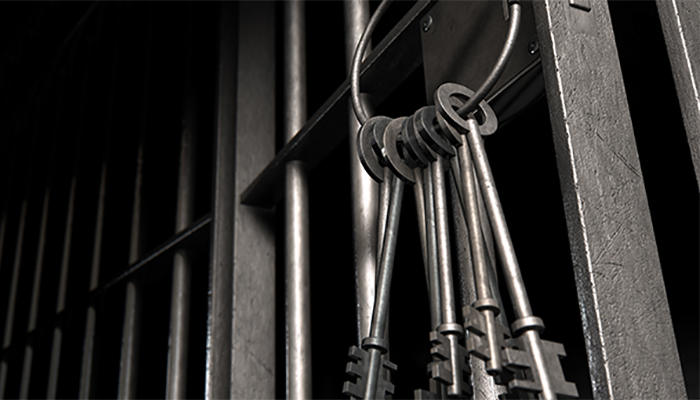 A decorative image showing a jail cell door with keys